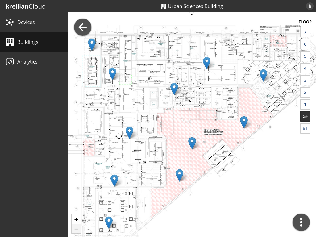 Screenshot of a floorplan of a commercial building with devices plotted on it