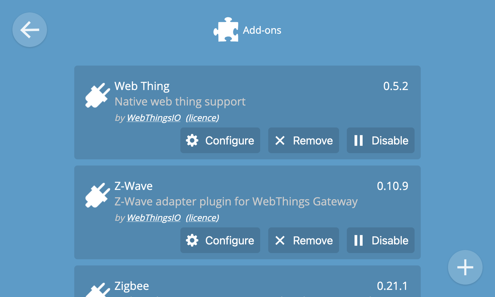 Screenshot of the add-ons screen which shows a list of installed add-ons