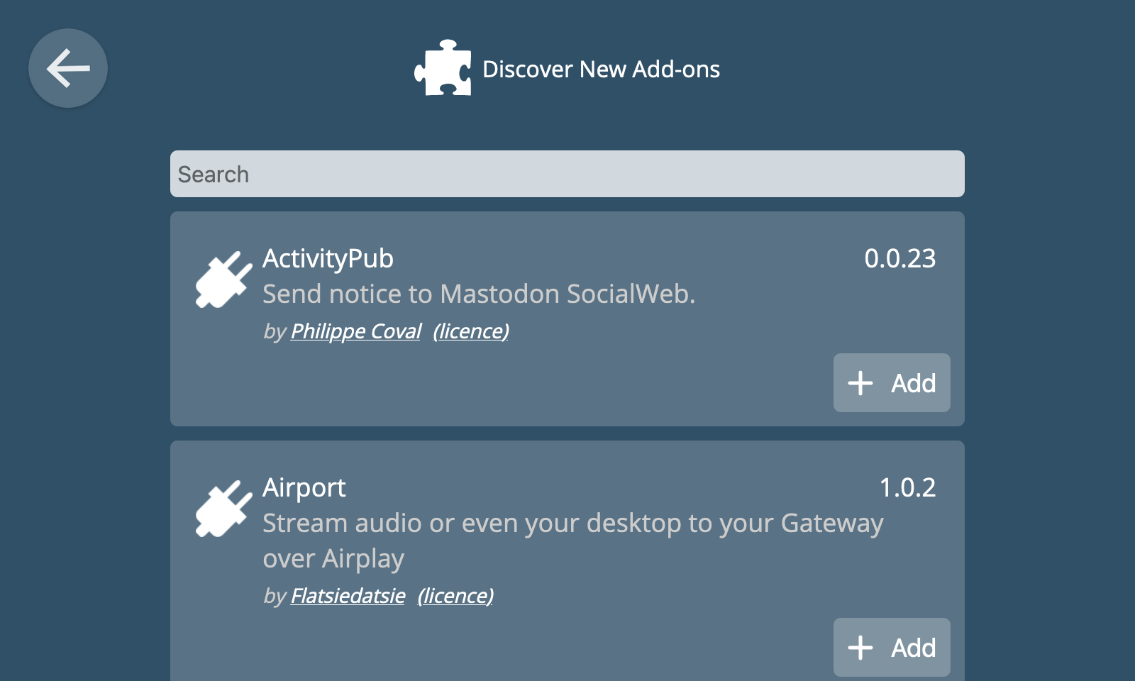 Screenshot of the install add-on screen which lists available add-ons