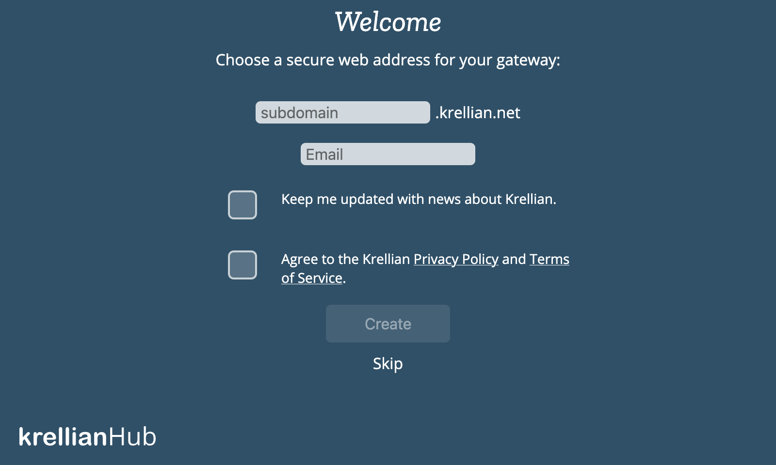 A screenshot showing a form to choose a subdomain of krellian.net and enter an email address
