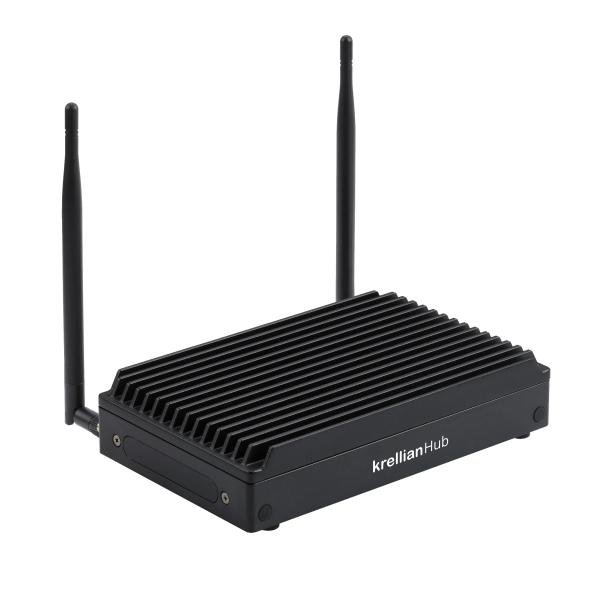 Photo of a black metal hub with cooling fins and external antennas