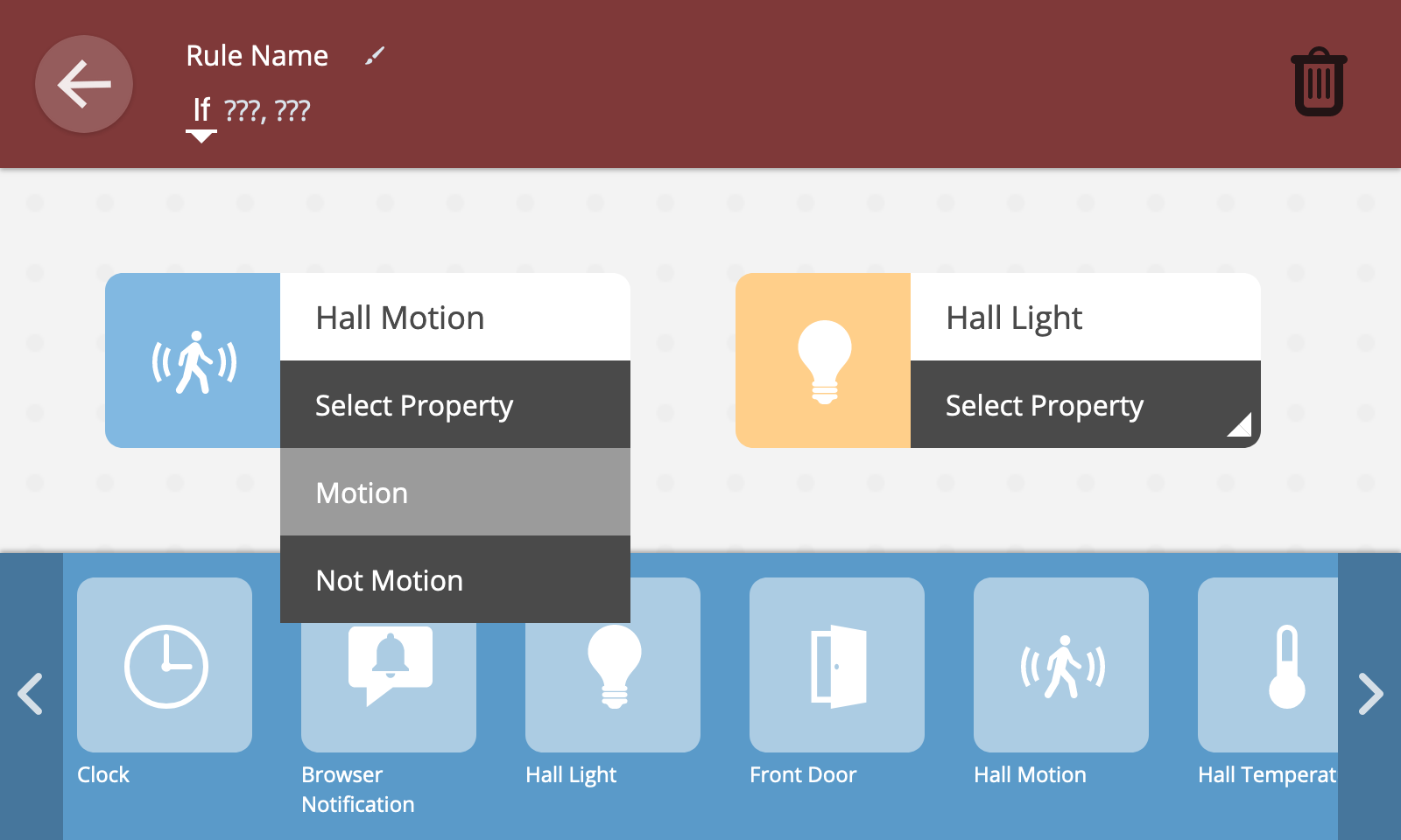 Screenshot showing the a dropdown menu to choose a property value or event to use as a trigger