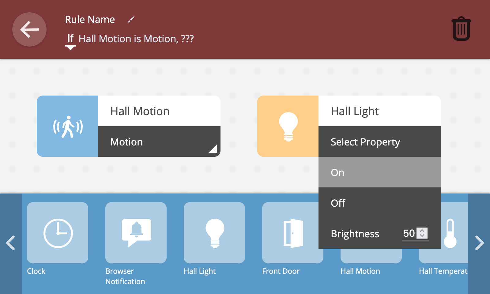 Screenshot showing the a dropdown menu to choose a property or action to use as the output