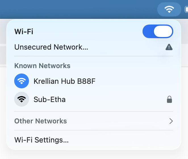 A screenshot from a desktop operating system showing the user selecting a Wi-Fi hotspot called Krellian Hub B88F